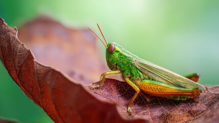 Vibrant green grasshopper resting on a brown leaf with stunning macro photography