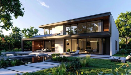Fototapeta premium Modern dream home by pool with minimalist design, nature backdrop, and sunlit.