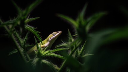 Green anole lizard sitting amongst green foliage against a dark background