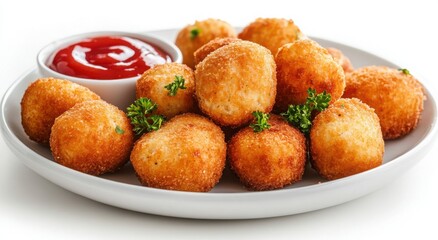 Crispy golden-brown fried balls served with a side of ketchup.