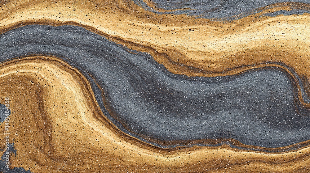 Poster abstract textured surface with swirling patterns of gold and gray tones.