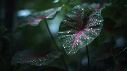 Lush close up view of caladium plant leaves with deep green tones