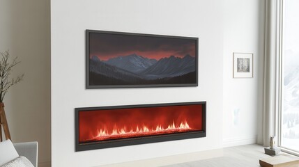 Modern wall-mounted fireplace with a framed landscape print above.