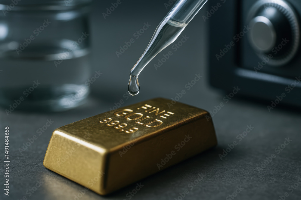 Poster gold bar placed near safe with dropper above it symbolizing home investment and safe wealth preserva