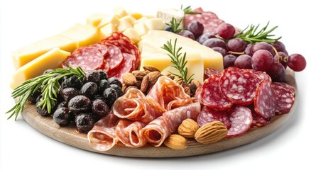 A delicious charcuterie board featuring cured meats, cheeses, olives, almonds, and grapes.