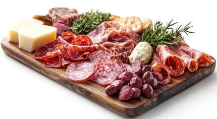 A delectable charcuterie board featuring various cured meats, cheeses, and crackers.