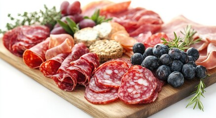 A delicious charcuterie board featuring an assortment of cured meats, cheeses, grapes, and blueberries.