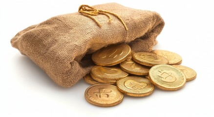 Golden coins spilling from a burlap sack. Wealth, prosperity, and abundance.