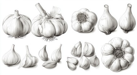 Detailed pencil sketch of various garlic bulbs and cloves.