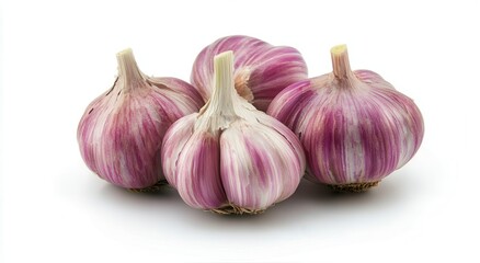 Four bulbs of fresh garlic, vibrant purple and white hues.