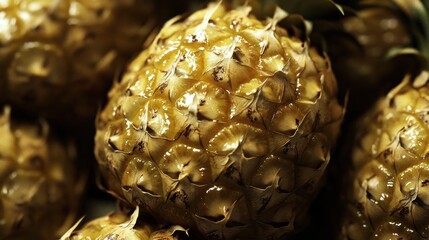 Close-up ripe mini pineapples, market stall, dark background, food photography