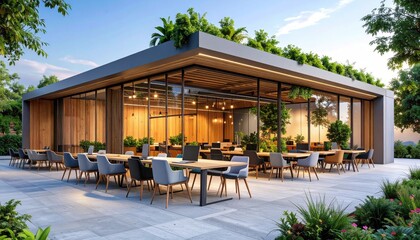 Obraz premium Modern glass office building exterior with garden and tables with coworking space.