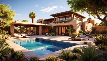 Fototapeta premium Desert Oasis Luxurious Home with Pool Landscape in Arizona Sun.