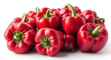 A pile of vibrant red bell peppers, glistening with water droplets, sits against a stark white background.