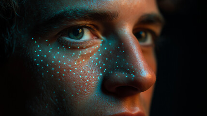 Biometric border control facial recognition with overlay UI showing match result, data-driven concept, modern tone