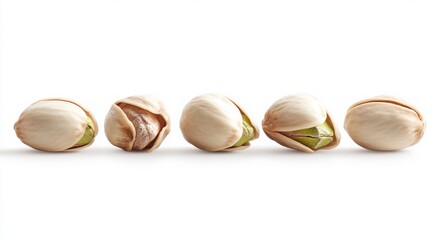 Five pistachios in a row, some open, some closed.