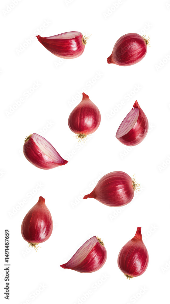 Poster fresh red shallots with smooth surface and natural gloss isolated on white background for culinary u
