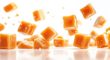Sweet caramel candies in mid-air, a delicious treat!