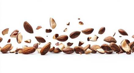 Obraz premium Many almonds falling on white background.