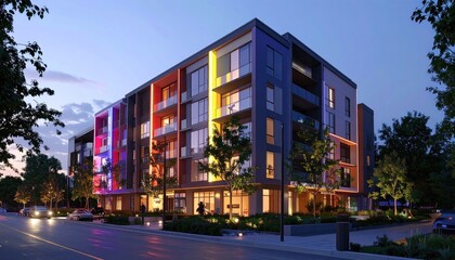 Obraz premium Colorful Apartment Glow Urban Nightscape Architecture.