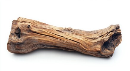 A weathered piece of driftwood, showcasing its natural grain and texture against a white background.