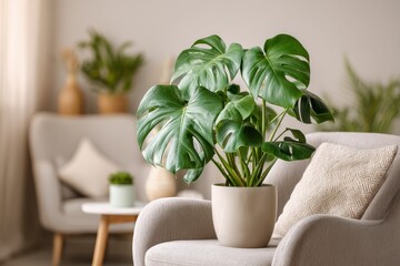 Lush Green Monstera Plant in Modern Interior Setting with Cozy Sofa and Stylish Decor Elements for Tranquil Home Environment and Aesthetic Appeal