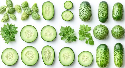 Assortment of cucumbers and herbs. Fresh, green, healthy.