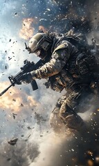 Armed military soldier in camouflage aims rifle amidst smoke and debris of intense combat action