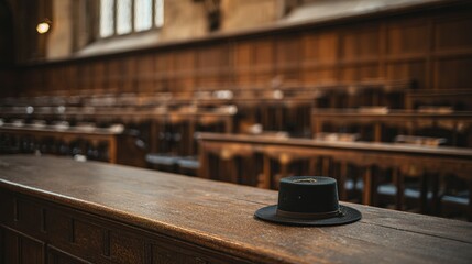 Fototapeta premium Wooden hall seating area with dark hat on a table.