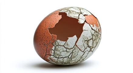 A broken eggshell, cracked and aged, showing signs of time and fragility.