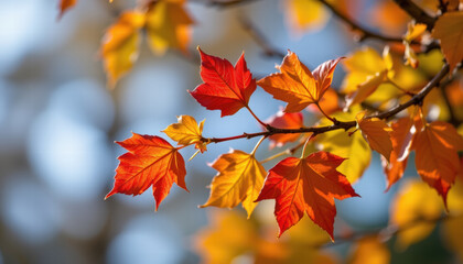 Obraz premium Vibrant closeup of autumn leaves showcasing shades of orange, red, and yellow against blurred background, capturing essence of fall beauty and warmth