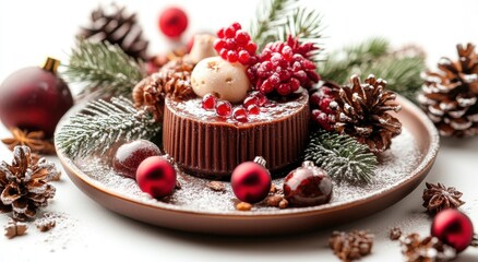 Festive chocolate dessert decorated with cranberries, pine cones, and sugared cranberries. Perfect for Christmas!