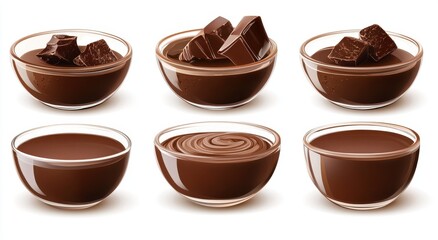Fototapeta premium Six glass bowls filled with different variations of rich, decadent chocolate. Some bowls contain chunks of chocolate, while others showcase smooth, melted chocolate.