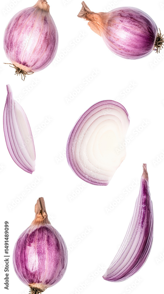 Aufkleber close-up of fresh red onions with purple outer layers and sliced onion pieces showcasing their layer
