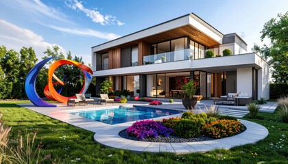Modern Luxury House with Pool, Sculpture, and Sunny Day Bliss.