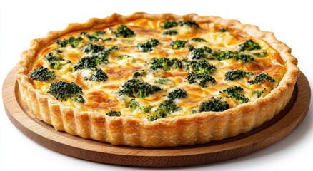 A savory broccoli quiche, golden-brown crust, creamy filling, vibrant green broccoli florets. Delicious homemade goodness!