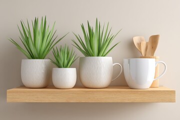 Fototapeta premium Lush Green Plants in White Pots on Wooden Shelf with Kitchen Utensils and a White Mug, Perfect for Modern Home Decor and Interior Design Aesthetic