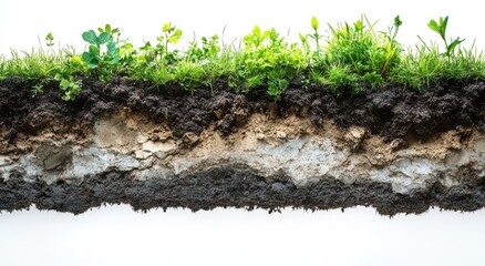 A cross-section view of soil layers, revealing the rich tapestry of earth beneath a vibrant layer of vegetation.  The image showcases the diverse textures and colors of the soil composition.