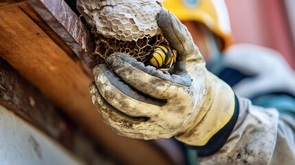 Pest control worker removing wasp nest with gloves.