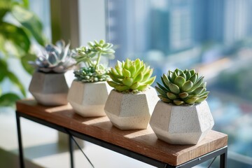 Aesthetic Arrangement of Succulent Plants in Geometric Pots on Wooden Shelf with Bright Natural Light from Window in Modern Indoor Space