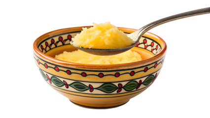 Ghee. Clarified Butter in a Ceramic Bowl. PNG.