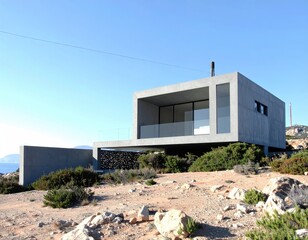 Modern Coastal Home Minimalist Design on a Rocky Hillside.