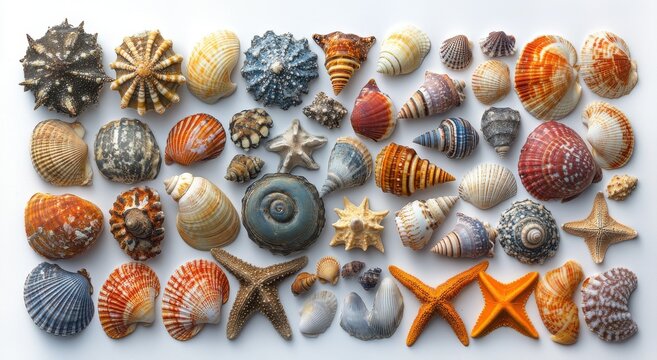 A beautiful collection of various seashells arranged on a white background. The shells display a wide array of colors, textures, and shapes, showcasing the diversity of marine life.