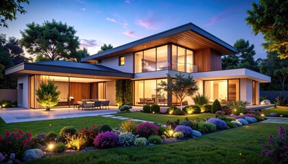 Fototapeta premium Modern Dream House with Garden, Night, Luxury Home Exterior, and Beautiful.
