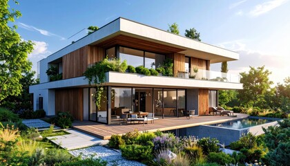 Fototapeta premium Modern Luxury Villa Retreat With Pool Verdant Garden.