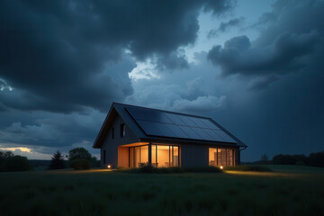 Obraz premium Modern Solar Powered House, Eco Friendly Sustainable Architecture, Clean Energy Living