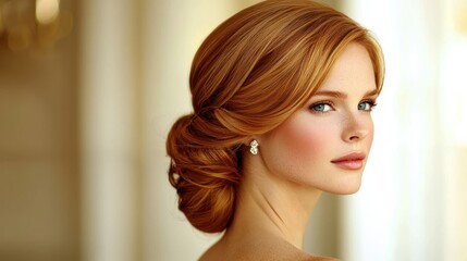 Fototapeta premium Elegant updo hairstyle and subtle makeup for red-haired woman with freckles