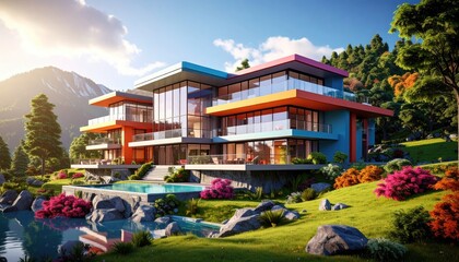 Obraz premium Colorful Modern Mansion Retreat by Lake Mountain View.