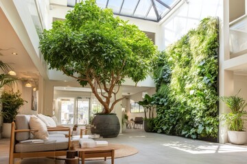 Fototapeta premium Lush Indoor Garden with Large Tree and Green Wall in Bright Modern Space Featuring Natural Light and Cozy Furniture Arranging Relaxing Atmosphere