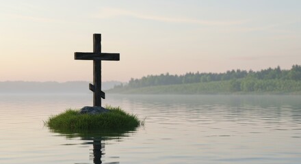 Orthodox cross on a small island in the middle of a serene lake at dawn